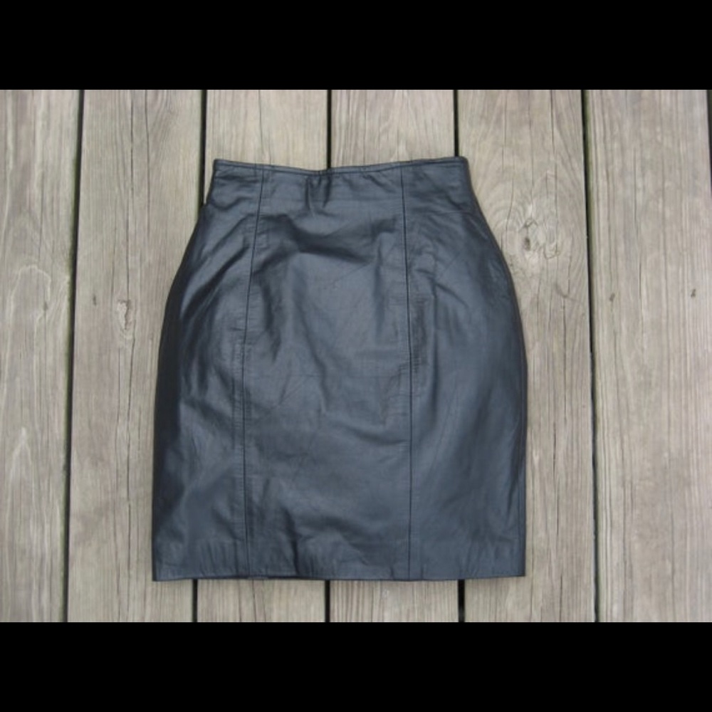 VINTAGE genuine black leather Pencil Midi skirt S
